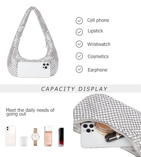 Image of Sweetovo Sequin Evening Bag, Sparkling Hobo Clutch Underarm Purse Women | Aluminum sequin mesh, zipper closure and underarm hobo shape hold phone, keys and makeup for clubs, proms and weddings