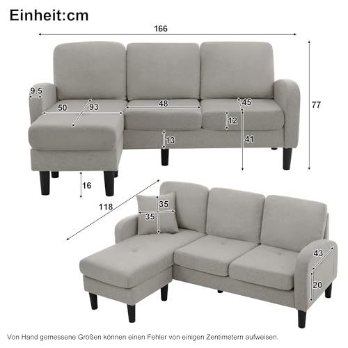 Arhatreya 3 Sitzer L-förmiges Ecksofa mit Chaiselongue, 3er Sofa Gästesofa Modern Couch, Kunststoffbeine, Polstersofa für Wohnzimmer, Apartments, Wohnung, Büros, Baumwoll-Leinenstoff, Grau – Bild 3