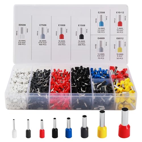 1800 Stück Aderendhülsen set für 0,5-10 mm² Kabel, 8 Spezifikationen, Isolierungs Steckverbinder Kits für eine Vielzahl von Verdrahtungsanforderungen,Standard Klemmen elektro nach DIN 46228-4:2020-03