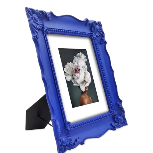 SIMON'S SHOP 8x10 Picture Frame with Mat for 5x7 Photo, Klein Blue Fancy Wall and Tabletop Photo Frames, Vintage Inspired Home Room Decor