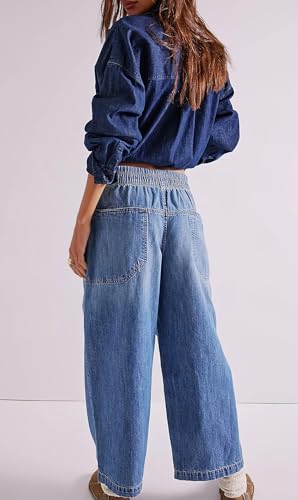 ebossy Vintage Baggy Barrel Jeans for Women Mid Rise Draswtring Wide Leg Capri Denim Pants with Pockets2