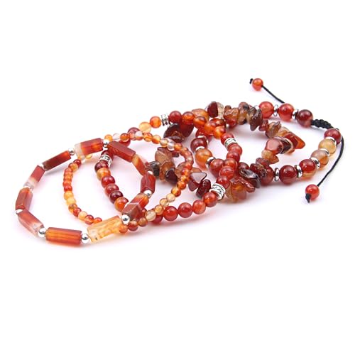 OXUNGALIZ 5Pcs Carnelian Bracelet for Women, Handmade Adjustable Red Bracelet Carnelian Beads Beaded Bracelet Set Jewelry Gifts for Women
