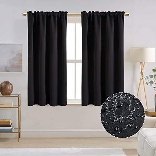 Black Curtains 48 Inch Length 2 Panels for Bathroom Window Kitchen Waterproof Rod Pocket Thermal Insulated Light Blocking Room Darkening Black Out Blinds & Shades for Bedroom Windows 34 Inches Wide