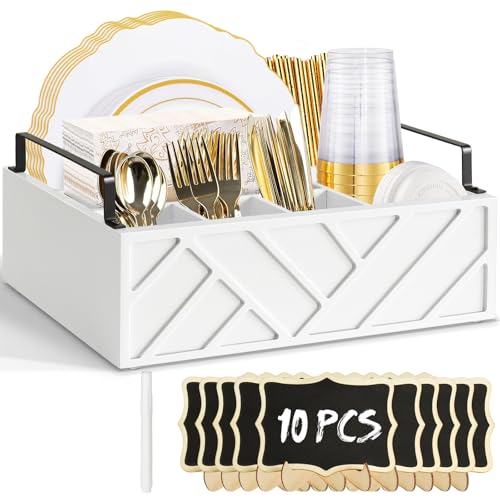 Paper Plate Dispenser with 10 Mini Chalkboard Signs, Wood Paper Plate Holders, Utensil Holder for Party Camping Buffet, Cutlery Flatware Organizer Box, Silverware Caddy for Plate Cup Fork Spoon(White)