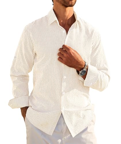 Deer Lady Mens Long Sleeve Button Down Shirt Striped Casual Cotton Business Summer Beach Wedding Dress Shirts