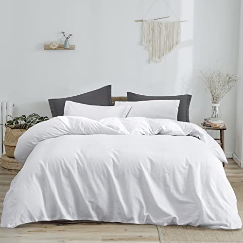 Phf Linen Duvet Cover Set Queen, Upgraded French Linen Blend Duvet Cover Set, Comfy Elegant Comforter Cover Set For Hot Sleepers, 1 Duvet Cover And 2 Pillowshams, 90"X 92", White/Cream #TOP7