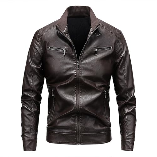 Veste légère en cuir PU pour hommes style motard vintage coupe décontractée avec col montant