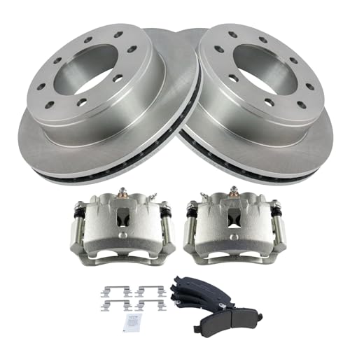 Image of TRQ Rear Brake Pad, Caliper, & Rotor Kit Semi-Metallic Vented Compatible with 2003-2017 Chevrolet Express 2500 2005-2017 Express 3500 GMC Savana 2500 Savana 3500