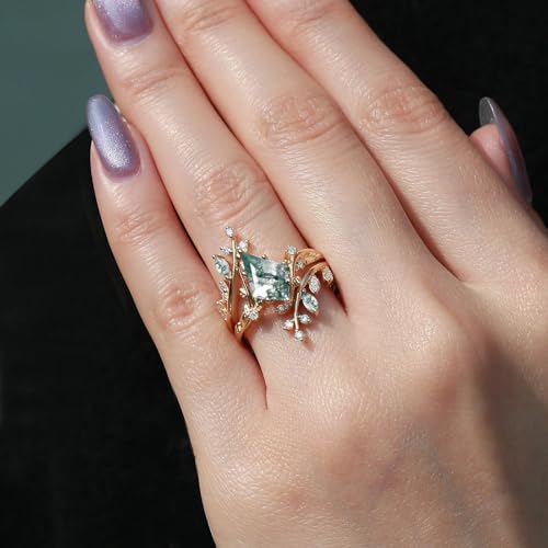1.5CT Natural Moss Agate Wedding Ring Set for Women S925/10K/14K/18K Gold Moss Agate Bridal Ring Set Vintage Engagement Ring Set for Wife Bridal2