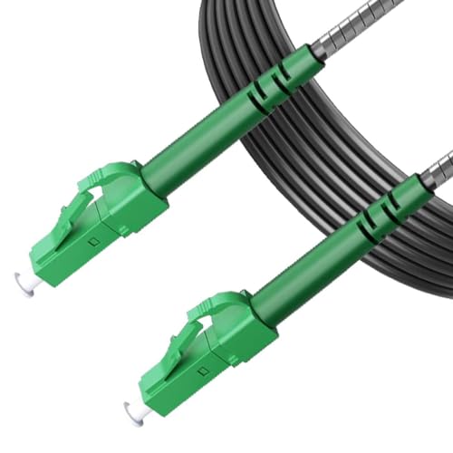 Elfcam® - 10m Shielded Steel Fiber Optic Cable Suitable for Indoor and Outdoor Installations LC/APC to LC/APC Simplex Single Mode Black 3.0mm (10m)