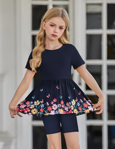 Image of Arshiner Girls Summer Outfits Short Sleeve Ruffle Hem Top and Biker Shorts Set Girl Clothes 4-15 Years