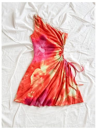 Floerns Women's Floral Sleeveless One Shoulder Drawstring Ruched Vacation A Line Dresses2