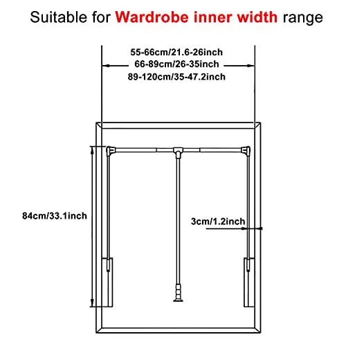Pull Down Closet Rod For Hanging Clothes, Soft-Close Wardrobe Lift Retractable Cabinet Rail For Inside Cabinet Width 35"~47.2", 33 Lb Weight Rating Aluminium Alloy Tubing With Plastic Housing #TOP2