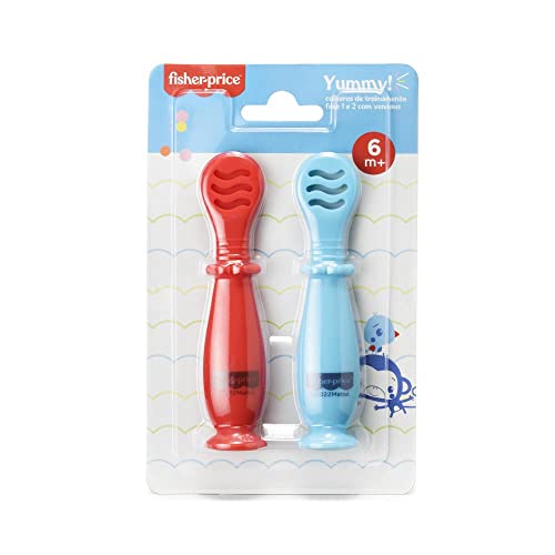 Colheres de Treinamento Fase 1 e 2 com Ventosa Yummy! Fisher-Price - BB1187, Azul e Vermelho