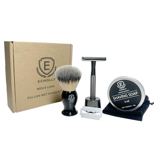 Echolly Wet Shaving Kit Men's Travel - Essential Shaving Brush Set - with Shaving Brush, Sandalwood Scented Shave Soap, High - Quality Zinc-Alloy Razor, Travel Bag & Gift Box