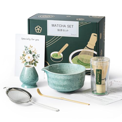 TUDRUKU Matcha Whisk Set - Bamboo Whisk and Holder Bowl with Spout (17 oz) Matcha Sifter and Scoop 5 Pcs Complete Matcha Kit Gift for Matcha Lovers (Bluish Green)