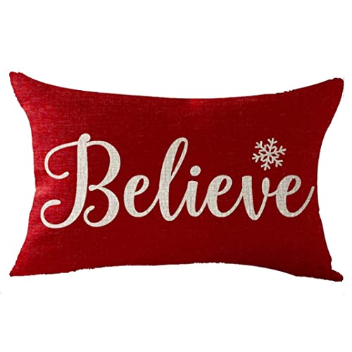 Christmas Cushion Covers, Christmas Cushion Cover Rectangle Linen Pillowcase Snowflake Believe Pillow Protectors 30x50cm (No Insert)