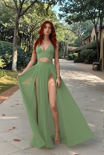 Image of Women Sexy 2 Piece Outfits Dress Chiffon Strap Deep V Neck Bra Crop Top High Split Maxi Dresses Skirt Set