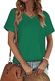 Womens T Shirts V Neck Short Sleeve Summer Tops Casual Basic Tees, Deep Green, L