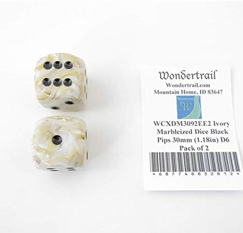 Ivory Marbleized Dice with Black Pips 30mm (1.18in) D6 Pack of 2 Wondertrail