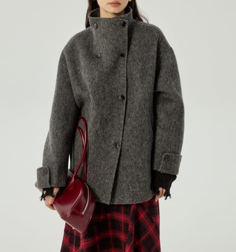 chouyatou Womens Winter Stand Collar Wool Trench Coat Single Breasted Blazer Jacket Coat Loose Outerwear2