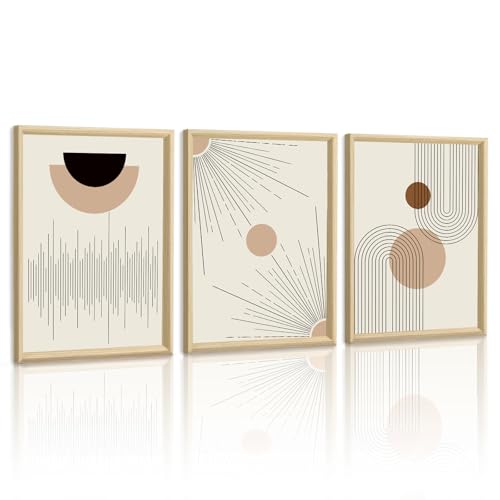 WENGTIAO Cuadros con Marco, Boho Abstracto Geométrico Líneas Cuadros Decoracion Salon Modernos, Beige Marrón y Negro Neutro Pintura Sobre Lienzo para Dormitorios Decoracion Pared Casa 40x60cmx3