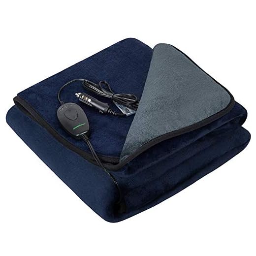 IHEALTHCOMFORT 12Volt Washable Electric Heated Travel Blanket with Intelligent Hi/M/Lo Temp 30/45/60 mins Auto-Off Timer Multi-Functional Controller(55.1"x39.4")(Navy Blue and Grey)