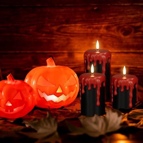 Image of Battery Operated Flameless Candles with 6H Timer, Blood Dripping Wax Effect Black LED Pillar Candles 3D Wick Flickering Spooky Halloween Indoor Decoration Light(3 Pack, 3 x 4,5,6 Inches)