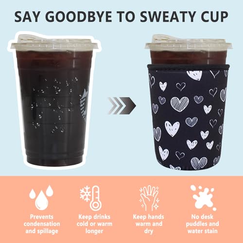 Image of 3 Pack Reusable Iced Coffee Sleeves - Xumbtvs Insulator Sleeve for Cold Beverages, Neoprene Coffee Cup Holder (Heart)