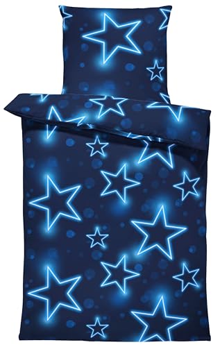 one-home Biber Bettwäsche 155x220 cm Sterne blau Winter Kuschelig...