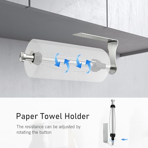 Image of SetSail Paper Towel Holder, Paper Towel Holder Under Cabinet with Adjustable Damper Easy Tear Wall Mount Self-Adhesive or Drilled for Kitchen Bathroom, Silver