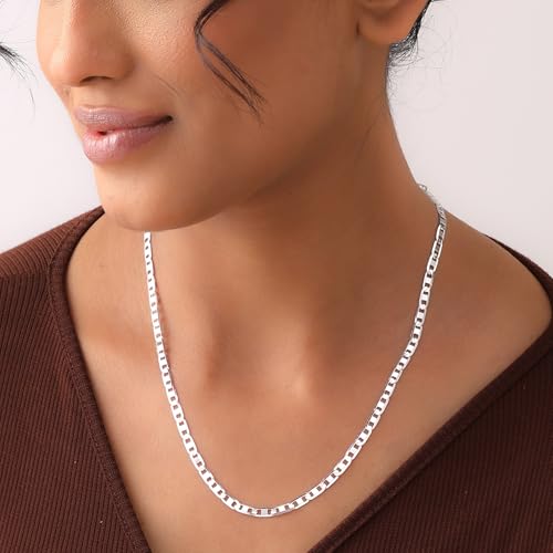 Image of TRUESILVER ACPL Solid 925 Sterling Silver Italian 3 MM, 4 MM Diamond-Cut Solid Flat Mariner Link Chain Necklace for Women Men with Lobster Clasp (20, 22, 24 Inches)