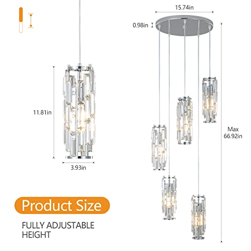 Image of LMQNINE Pendant Light, Chrome Modern Pendant Light Fixtures, Mini Crystal Chandeliers, Adjustable 5-Light Pendant Lighting for Kitchen Island Dinning Room Bedroom (Chrome 5-Light)