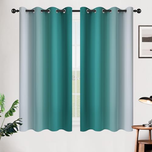 Image of SimpleHome Ombre Teal to Grey White Curtains for Living Room 52Wx54L | Room Darkening Curtains for Bedroom,Gradient Light Blocking Curtain,Thermal Insulated Grommet Window Drapes,2 Panels,54 Inch