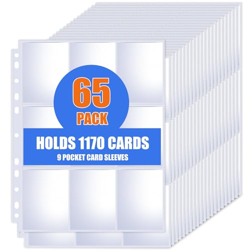 65 Pack 9 Pocket Card Sleeves Binder Sheets, Trading Card Sleeves for 3 Ring Binder, Holds 1170 Cards, Card Holder Binder Pages Protectors Fit for MTG, TCG, Baseball, Football, Game, Business Cards