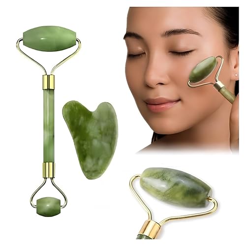 Massageador Facial 2 Em 1 Rolo de Jade + Pedra Gua Sha Redução de Rugas e Estresse Anti Rugas Anti E