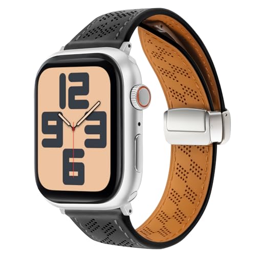 Limque Magnetic Two-sided Genuine Leather Watch Band Compatible with Apple Watch 38mm 40mm 41mm 42mm 44mm 45mm 49mm, Honeycomb Hole Breathable Leather Replacement Strap for iWatch Series Ultra SE 9 8 7 6 5 4 3 2 1, Women & Men Watch Strap
