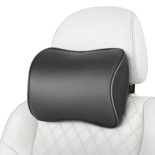 Aukee Car Headrest Pillow Memory Foam Car Neck Pillow with Adjustable Strap Soft Leather Headrest for Driving Home Office Black (1PC)
