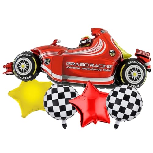 Image of Atpata Funky Hot Red Formula 1 Racing Car Foil Balloon Set with Checkered Theme Round Balloons & Red Yellow Star Balloons ? for Race Car Birthday Party Decorations & Racing Theme Celebrations