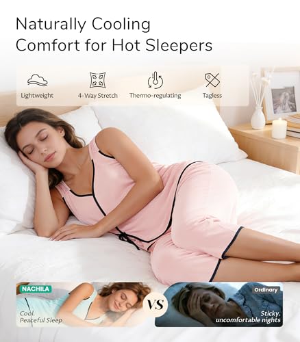 Image of NACHILA Pajamas Set for Women-Viscose Made from Bamboo, Sleeveless Pjs Cool V Neck Sleepwear Soft Capri Pants Pajama Sets