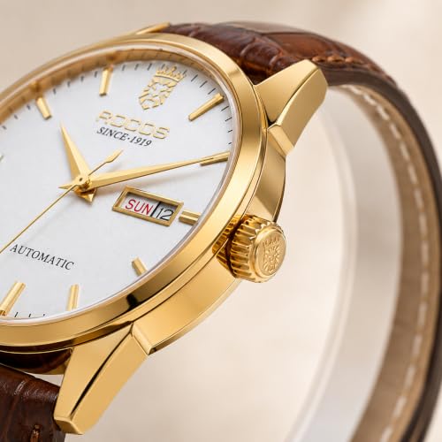 Image of ROCOSJEWE Men's Automatic Watch, Luxury Mechanical Watch for Men with Gold Case & Brown Leather Strap, 40mm Business Dress Watch with Day Date Display, Waterproof Analog Wristwatch