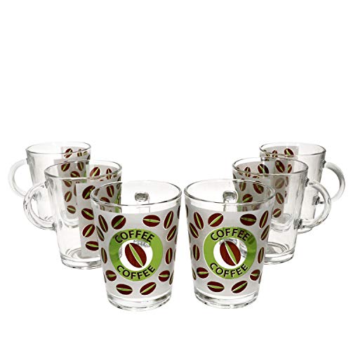 Cremona Lot de 6 tasses à café en verre avec anse I Vert I 320 ml I Aspect verre dépoli avec grains de café et inscription I Alternative pour café au lait, cappuccino, cacao & Co