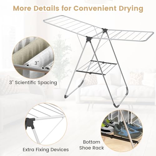 Image of Tangkula Collapsible Clothes Drying Rack, 2-Level Folding Aluminum Drying Rack w /Height-Adjustable Wings, Bottom Shoe Rack, Space-Saving Laundry Drying Rack for Indoor & Outdoor Use, Silver
