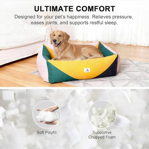 Image of Cotton Canvas Dog Bed, Dog Beds Large Sized Dog, Orthopedic Bed with Washable Removable Cover Durable 290 GSM Cotton Anti-chewing Pet Bed with Anti-Slip Bottom (38 inchx30 inchx12 inch, Pink&Yellow&Green)