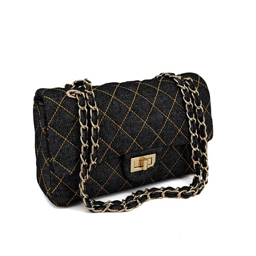 Image of M-ioi-M Quilted Denim Crossbody Bags for Women, Chain Strap Shoulder Bags, Medium Double Flap Purse, Gold Hardware Jean Purse