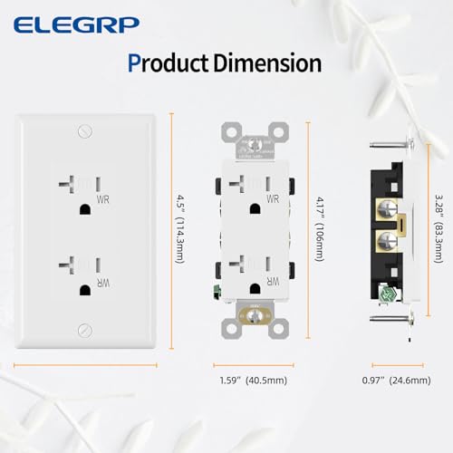 ELEGRP Glossy White Decorator Wall Receptacle Outlets, TR Tamper Resistant & WR Weather Resistant, 20A 125V Electrical Outlet with Wall Plate, Self-grounding, 2 Pole 3 Wire, 5-20R, UL Listed, 10 Pack by ELEGRP - Image 5