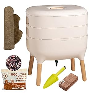 Urbalive Ivoor, Complete Kit I Wormenbak Design I 500gr Compostwormen I Startersubstraat I Hennepmat + Schep I Binnen…
