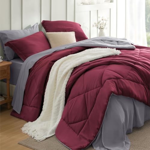 Image of Bedsure Full Size Comforter Set - 7 Pieces Reversible Red Bedding, Full Size Bed Set for All Seasons, Bed in a Bag with Down Alternative Comforter, Sheets, Pillowcases & Shams