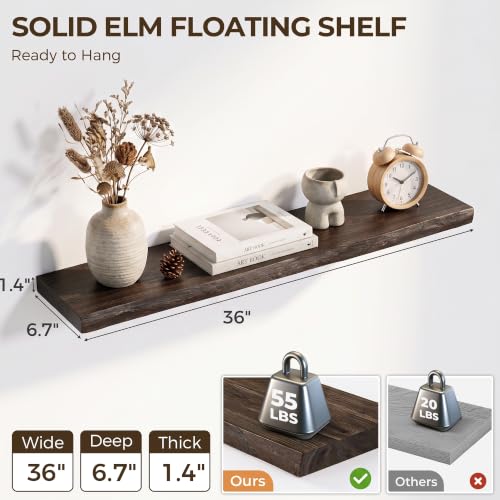 Image of Live Edge Elm Floating Shelves - 36 In Rustic Solid Wood Shelves with Heavy-Duty Invisible Bracket, Wall-Mounted Wooden Shelf for Living Room, Bathroom, Kitchen Storage & Display, Set of 2, Walnut
