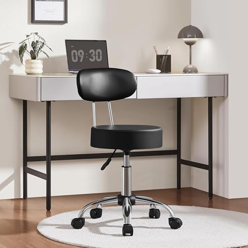 Yaheetech Rollhocker Arbeitshocker mit Rückenlehne Höhenverstellbarer 75.5-85cm,Drehhocker mit Rollen,Abnehmbare Rückenlehne,10 cm Dicke Polsterung,Schwarz